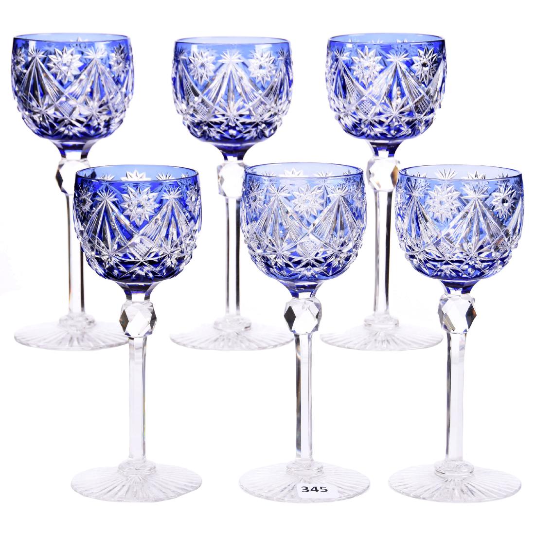 (6) Rhine Color Cut to Clear Wine Glasses 7": (6) Rhine Color Cut to Clear Wine Glasses - 7" - Brilliant Cut Glass - Unique Amethyst / Blue Cut to Clear - Hobstar, Strawberry Diamond and Fan Motif - Attributed to Val St. Lambert