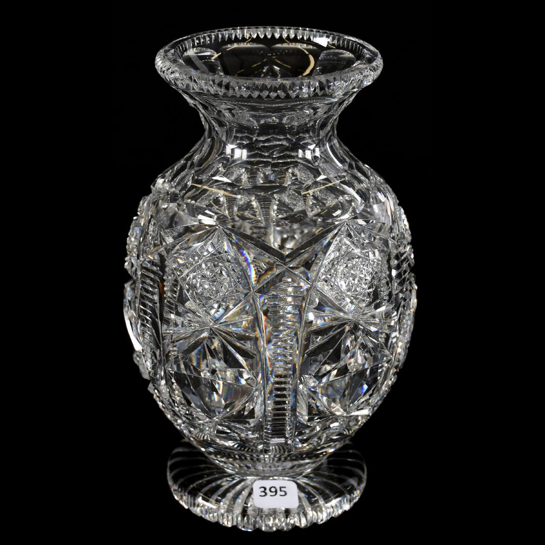 Vase American Brilliant Cut Glass 9" X 5.5": Vase - American Brilliant Cut Glass - 9" X 5.5" - Signed Hawkes - Hobstar, Split Window, Arch and Zipper Motif - Honeycomb Neck - Ray Cut Foot - Pattern Resembles Alpine by Hawkes