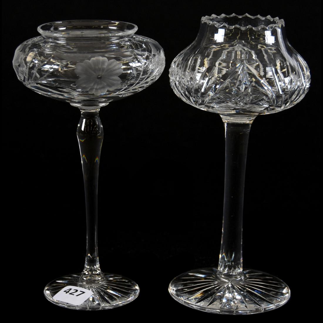 (2) American Brilliant Cut Glass Violet Bowls: (2) American Brilliant Cut Glass Violet Bowls - (1) 7" X 3.5", Hobstar and Punte Motif, Notched Rim, Solid Stem with Ray Cut Foot - (1) 7" X 3.75", Engraved Floral, Solid Stem, Ray Cut Foot
