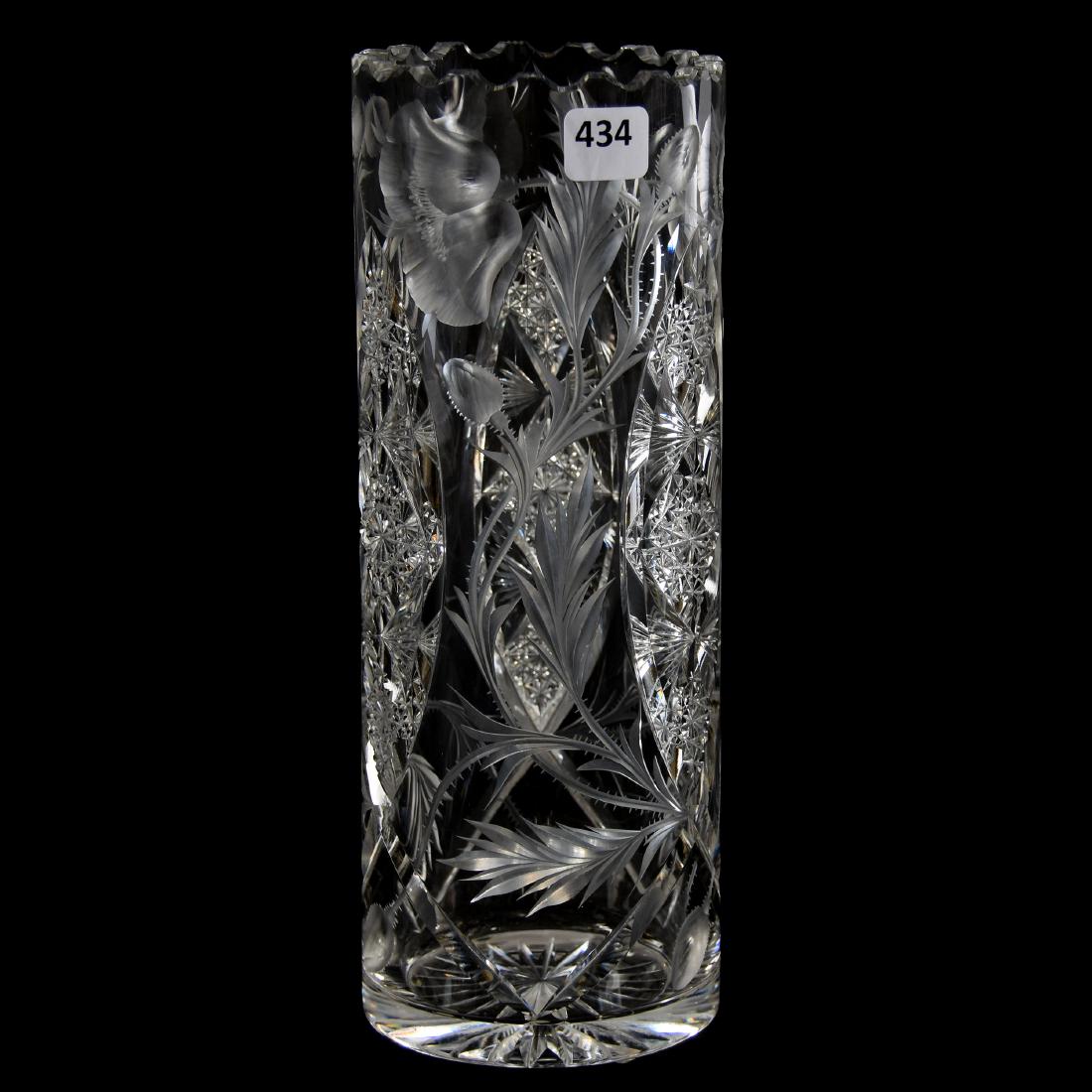 Vase American Brilliant Cut Glass 10" X 3.75": Vase - American Brilliant Cut Glass - 10" X 3.75" - Cylindrical - Signed Tuthill Poppy Pattern - Ray Cut Base