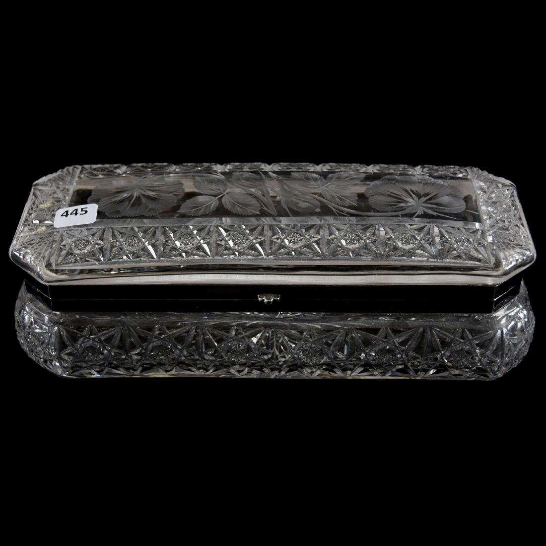 Glove Box American Brilliant Cut Glass: Glove Box - American Brilliant Cut Glass 3.5" X 11" X 4.25" - Hobstar Chain Border with Engraved Rose Branch on Lid