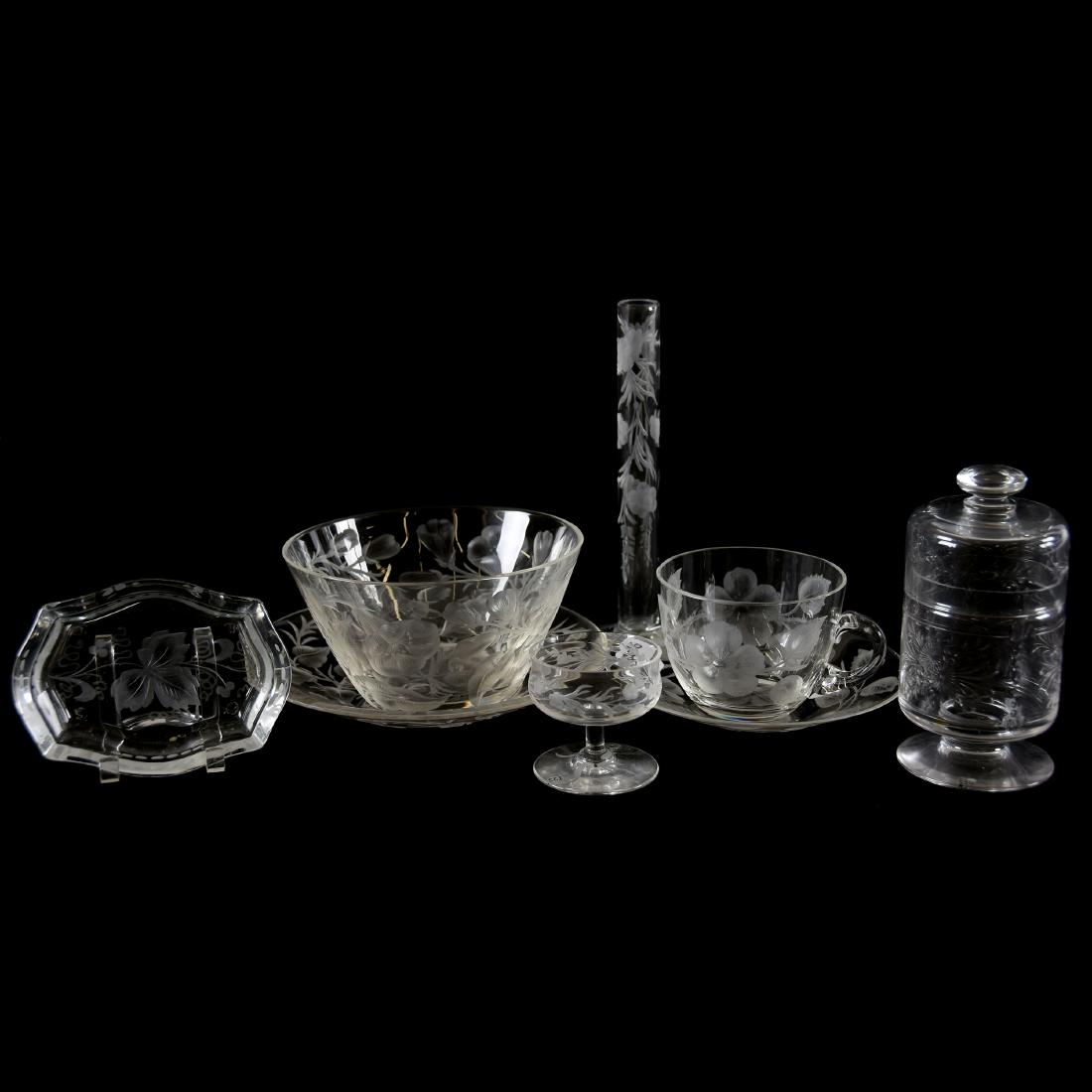 (6) Unique Items American Brilliant Cut Glass: (6) Unique Items - American Brilliant Cut Glass - (1) 6" Signed Tuthill Bud Vase, Floral Decor - (1) 4.5" Signed Hawkes Covered Jar, Engraved Floral - (1) Finger Bowl & Underplate, Morning Glory Decor