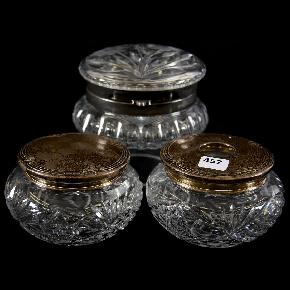 (3) Boxes American Brilliant Cut Glass: (3) Boxes - American Brilliant Cut Glass (1) Pair 3" X 4.5" Powder Box and Hair Receiver, Hobstar, Crosscut Diamond & Fan Motif with Sterling Lids; (1) 3" X 5" Jewel Box with Engraved Floral Motif