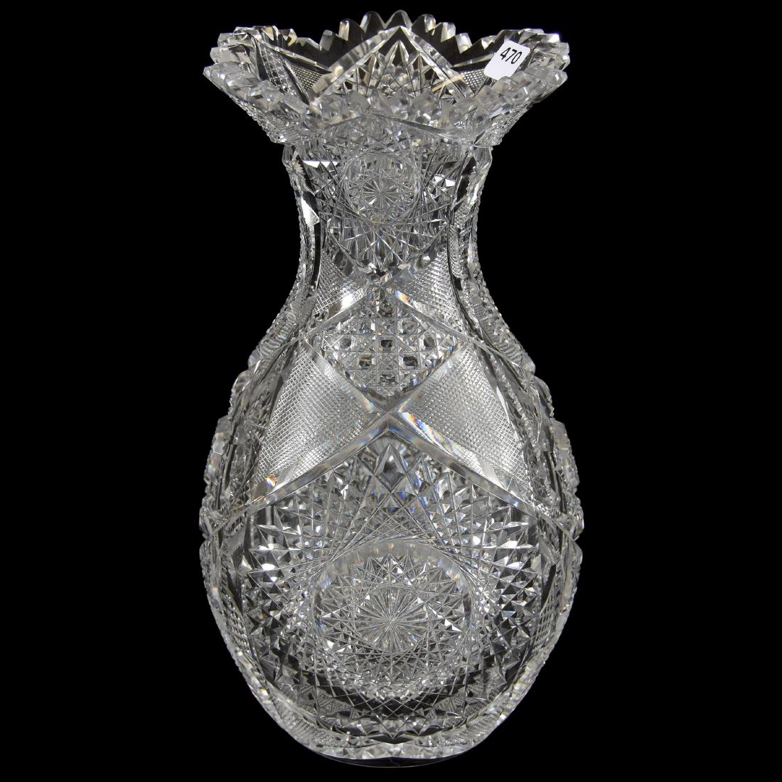 Vase American Brilliant Cut Glass 12": Vase - American Brilliant Cut Glass - 12" - Bowling Pin Shape - Large Hobstar, Nailhead Diamond, Prism, Cane and Star Motif - Hobstar Base - Nicely Cut