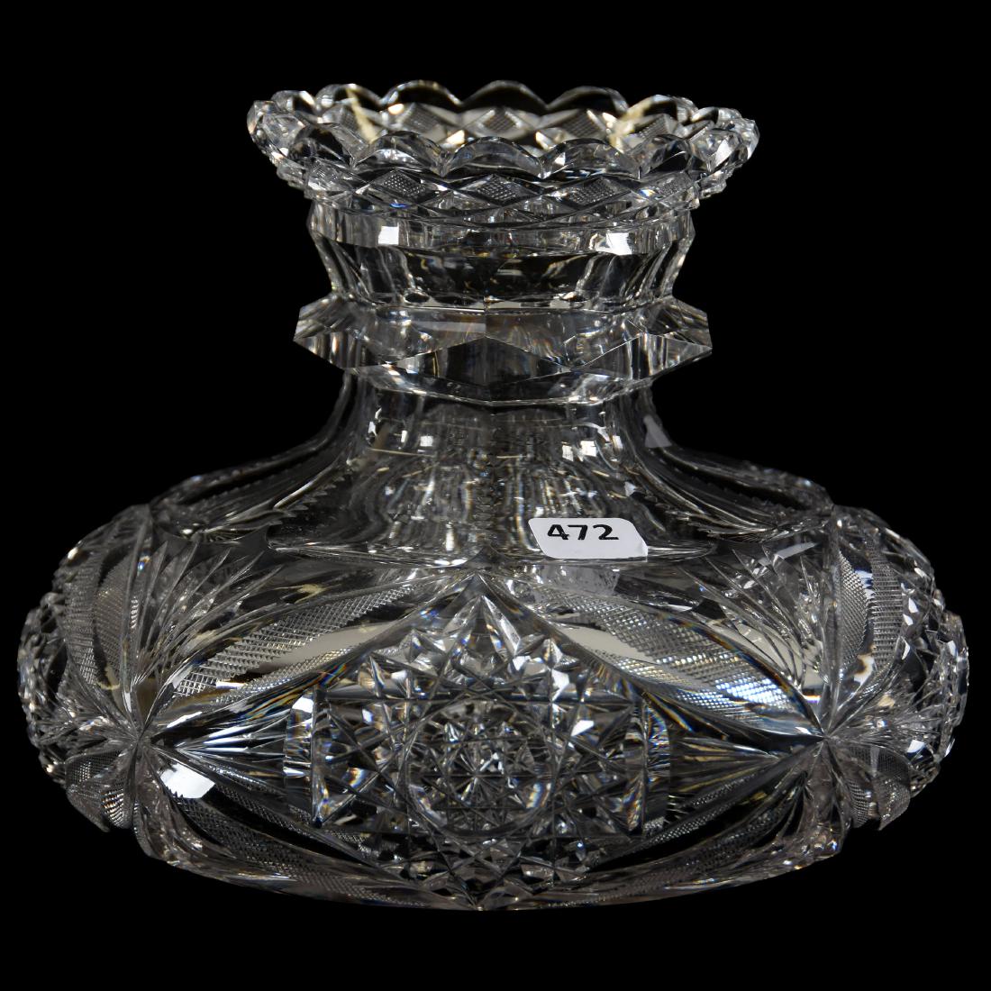 Flower Center American Brilliant Cut Glass 6" X 8": Flower Center - American Brilliant Cut Glass - 6" X 8" Hobstar, Strawberry Diamond, Vesica & Fan Motif - Ray Cut Base - Faceted Cut Ring Neck