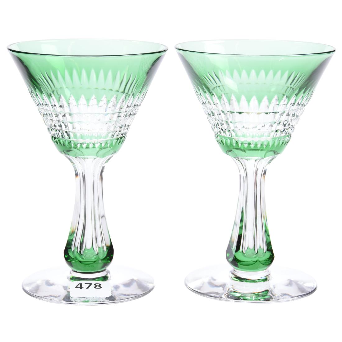 (2) Green Cut to Clear Wine Glasses 5.25": (2) Green Cut to Clear Wine Glasses - 5.25" - American Brilliant Cut Glass - Hollow Stem - Clear Foot - Renaissance Type Pattern