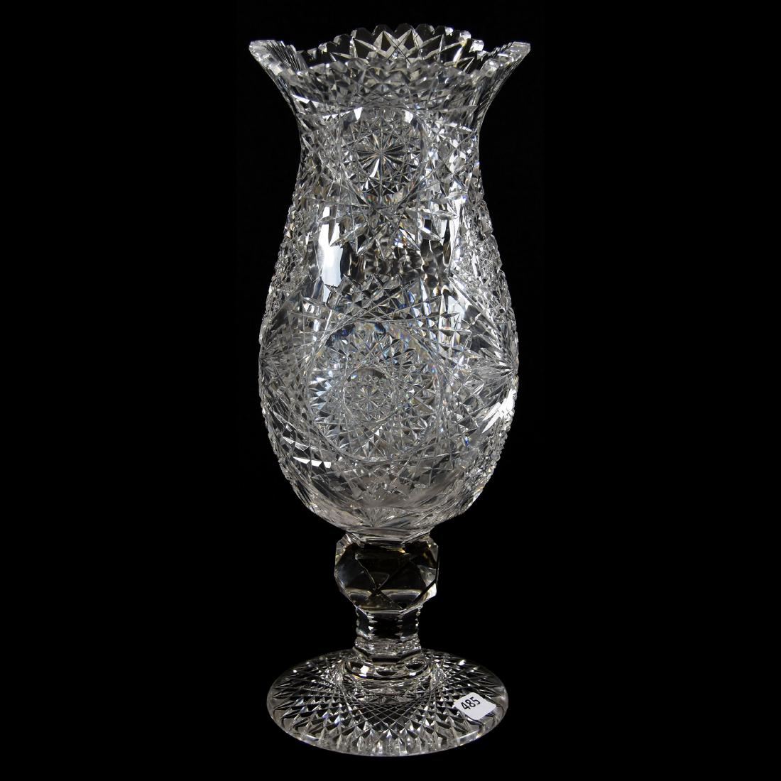Vase American Brilliant Cut Glass 14.75" X 5.75": Vase - American Brilliant Cut Glass - 14.75" X 5.75" - Pedestal - Hobstar, Hobstar Cluster and Fan Motif - Large Lapidary Cut Stem - Hobstar Foot