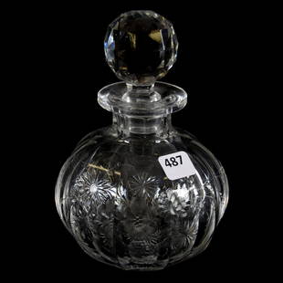 Cologne American Brilliant Cut Glass 6.5": Cologne - American Brilliant Cut Glass - 6.5" - Flute Pattern with Engraved Floral Decor - Ray Cut Base