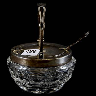 Jam Jar American Brilliant Cut Glass 3" X 3.75": Jam Jar - American Brilliant Cut Glass - 3" X 3.75" - Savoy Pattern by Pairpoint - Sterling Silver Top & Handle