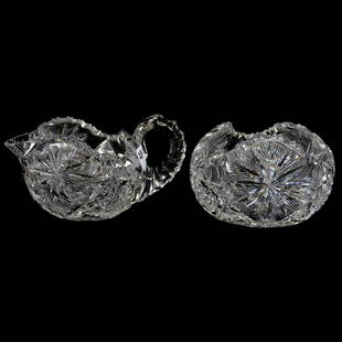 Creamer & Sugar Set American Brilliant Cut Glass: Creamer & Sugar Set - American Brilliant Cut Glass - Tri-Corner - Oasis Pattern Designed by W.C. Anderson - Hobstar Base, Triple Notched Handles