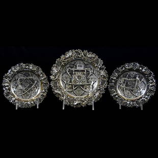 (3) Small Bowls American Brilliant Cut Glass: (3) Matching Small Bowls - American Brilliant Cut Glass - Hobstar, Strawberry Diamond and Fan Motif - Elaborate Sterling Silver Border with Reticulated Highlights Marked Whiting - (1) 2" X 7.25" -