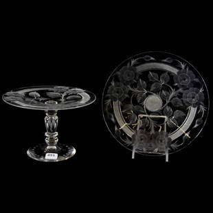 (2) Tuthill Items American Brilliant Cut Glass: (2) Tuthill Items - American Brilliant Cut Glass (1) 8" Signed Tuthill Plate; (1) 4.5" X 7" Compote - Both Cut in Rosemere Pattern