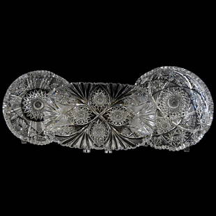 (3) American Brilliant Cut Glass Items: (3) American Brilliant Cut Glass Items - (1) 4" X 9" Bowl, Hobstar and Strawberry Diamond Motif - (1) 7.5" X 7" Tray, Hobstar, Vesica, Strawberry Diamond and Fan Motif, Tooth Chip - (1) 3.5" X 8"