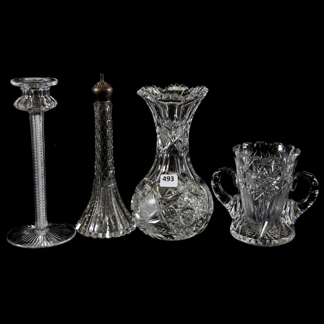 (4) American Brilliant Cut Glass Items: (4) American Brilliant Cut Glass Items - (1) 8" Candlestick Signed Libbey, Air Twist Stem, Ray Cut Base - (1) 8.25" Barber Bottle, St. Louis Diamond and Prism Motif, Gorham Sterling Top - (1) 7.75" Va