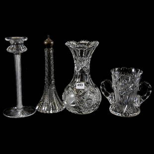 (4) American Brilliant Cut Glass Items: (4) American Brilliant Cut Glass Items - (1) 8" Candlestick Signed Libbey, Air Twist Stem, Ray Cut Base - (1) 8.25" Barber Bottle, St. Louis Diamond and Prism Motif, Gorham Sterling Top - (1) 7.75"