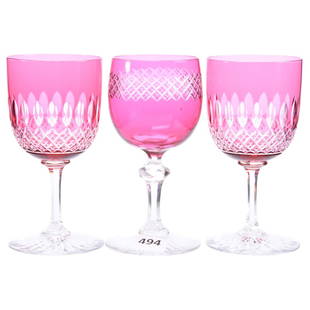 (3) Cranberry Cut to Clear Wines 5": (3) Cranberry Cut to Clear Wines - 5" - (2) Crosscut Diamond and Split Vesica Motif - (1) Crosscut Diamond with Facet Cut Knob Stem