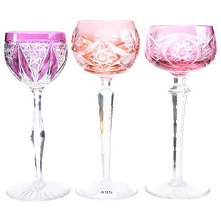 (3) Color to Clear Rhine Wines Brilliant Cut Glass: (3) Color to Clear Rhine Wines - Brilliant Cut Glass - (1) 8.5" Apricot Cut to Clear, Hobstar, Strawberry Diamond and Fan Motif - (1) 8" Cranberry Cut to Clear, Pinwheel, Flashed Hobstar, Hobstar and