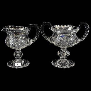 Pedestal Creamer & Sugar American Brilliant Cut Glass: Pedestal Creamer & Sugar - American Brilliant Cut Glass - 6.25" - Signed Libbey - Hobstar, Vesica, Strawberry Diamond and Fan Motif - Large Scalloped Hobstar Foot - Triple Notched Handles - Facet Cut