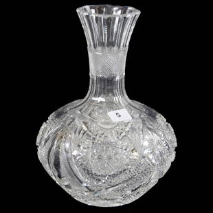 Carafe American Brilliant Cut Glass 8.25": Carafe - American Brilliant Cut Glass - 8.25" - Hobstar, Strawberry Diamond, Nailhead Diamond, Star and Fan Motif - Strong Resemblance to Eleanor by J. Hoare with Obvious Variations - Hobstar Base