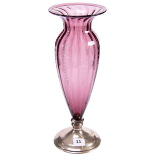 Amethyst Cut to Clear Vase 10.25": Amethyst Cut to Clear Vase - 10.25" - American Brilliant Cut Glass - Pedestal Vase - Engraved with Floral Motif - Signed Hawkes Sterling Base #3031