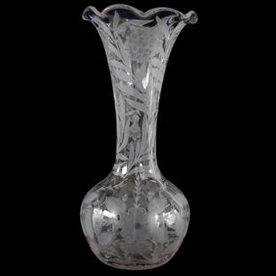 Vase American Brilliant Cut Glass 16" X 7.25": Vase - American Brilliant Cut Glass - 16" X 7.25" - Finely Engraved Carnation and Wild Rose Decor - Nice Detail - Ruffled Rim