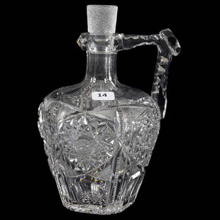 Whiskey Jug American Brilliant Cut Glass: Whiskey Jug - American Brilliant Cut Glass - 8.25" - Henrietta Pattern by Straus - Hobstar Base - Hobstar and Strawberry Diamond Stopper - Triple Notched Handle with Hobstar Button