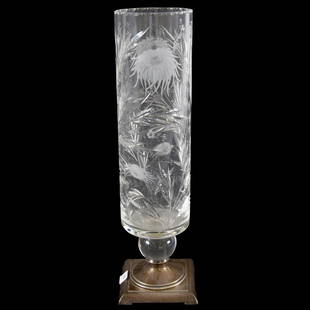 Pedestal Vase American Brilliant Cut Glass 16" X 4": Pedestal Vase - American Brilliant Cut Glass - 16" X 4" - Cylindrical with Nicely Engraved Chrysanthemum Pattern by Hawkes - Glass Ball Stem - Sterling Base Signed Hawkes #S1440