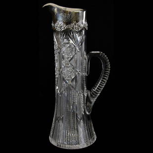 Tankard American Brilliant Cut Glass 16.25": Tankard - American Brilliant Cut Glass - 16.25" - Champagne Tankard - Pattern Resembles Electra by Straus - Notched Handle - Hobstar Base - Nice Mauser Sterling Silver Collar and Spout