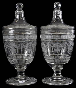 Mantel Urns American Brilliant Cut Glass 13.5" X 6": Pair Mantel Urns - American Brilliant Cut Glass - 13.5" X 6" - Signed Tuthill - Engraved Floral Basket and Garland Motif - Pattern Cut Lid and Foot - Unique - Designed by Charles Tuthill to Match