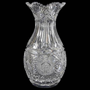 Vase American Brilliant Cut Glass 14": Vase - American Brilliant Cut Glass - 14" - Bowling Pin Shape - Large Hobstar, Vesica, Prism, Strawberry Diamond, Zipper and Fan Motif - Ray Cut Base - Quality Blank