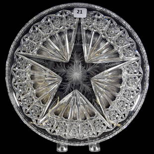 Plate American Brilliant Cut Glass 9.75": Plate - American Brilliant Cut Glass - 9.75" - Signed Tuthill - Large Five-Point Star Center with Hobstar Chain Border - Engraved Floral Design in Center of Star