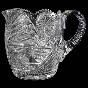 Cider Pitcher American Brilliant Cut Glass 6.75": Cider Pitcher - American Brilliant Cut Glass - 6.75" - Comet Pattern by J. Hoare - Barrel Shape Body - Triple Notch Handle - Ray Base - Nice Quality