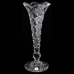 Vase American Brilliant Cut Glass 16" X 6.25": Vase - American Brilliant Cut Glass - 16" X 6.25" - Trumpet Vase - Queens Pattern by Hawkes - Large Hobstar Foot - Extra Nice Quality Blank