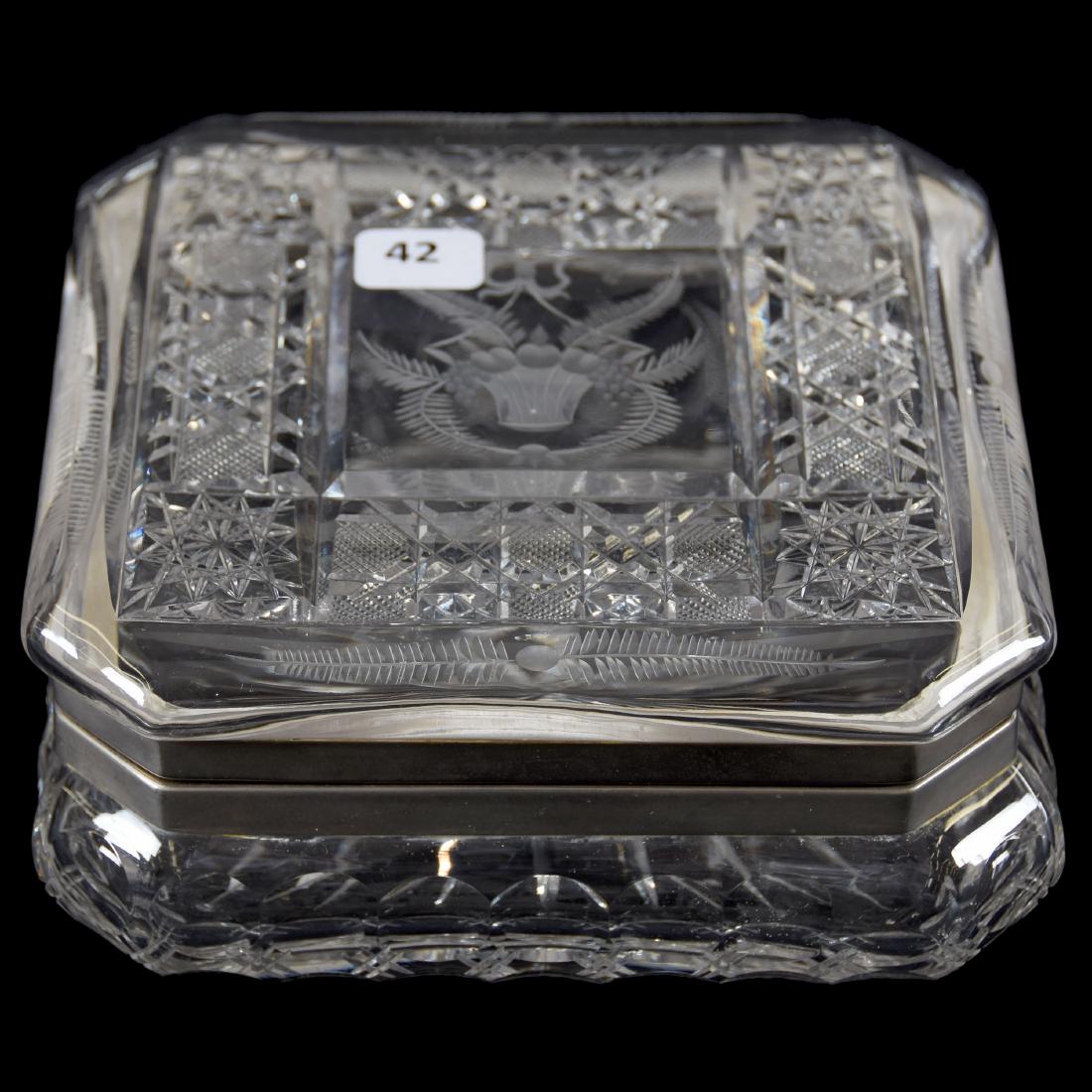 Handkerchief Box American Brilliant Cut Glass: Handkerchief Box - American Brilliant Cut Glass - 3" X 6.75" Square - Hobstar and Cane Border with Engraved Floral Basket Center - Ray Cut Base