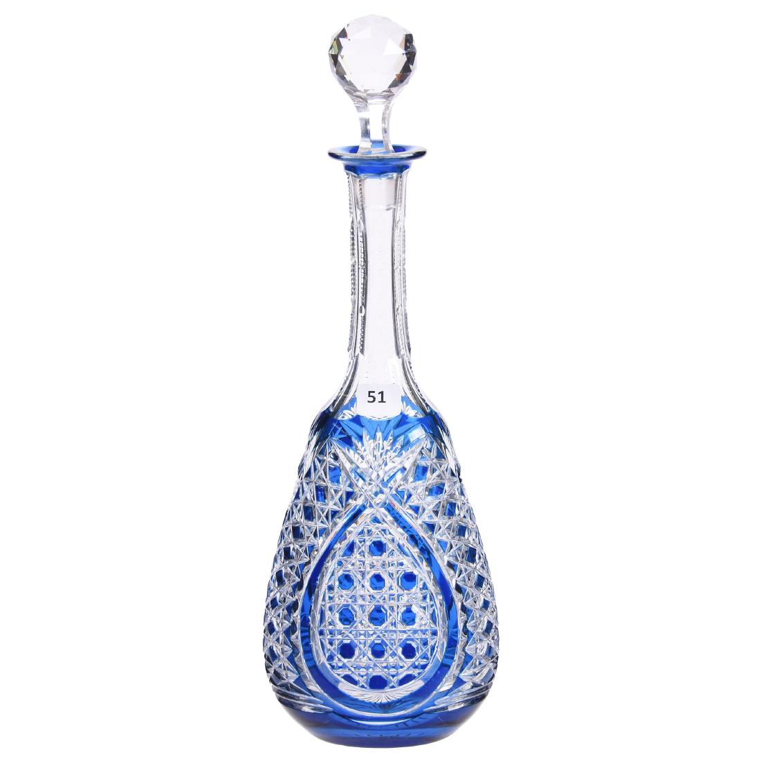 Blue Cut to Clear Decanter Brilliant Period: Blue Cut to Clear Decanter - Brilliant Period - 14.5" - Cane, Vesica, Diamond and Fan Motif - Ray Cut Base - Attributed to Val St. Lambert