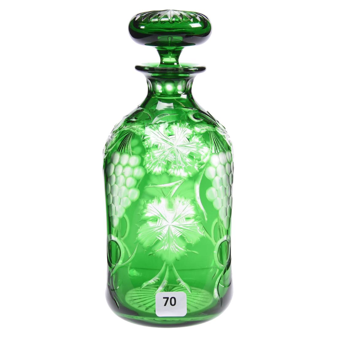 Green Cut to Clear Decanter 9" X 3.75": Green Cut to Clear Decanter - 9" X 3.75" - Brilliant Cut Glass - Stevens and Williams Engraved Vintage Motif - Ray Cut Base - Mushroom Ray Cut Stopper - Nice Quality