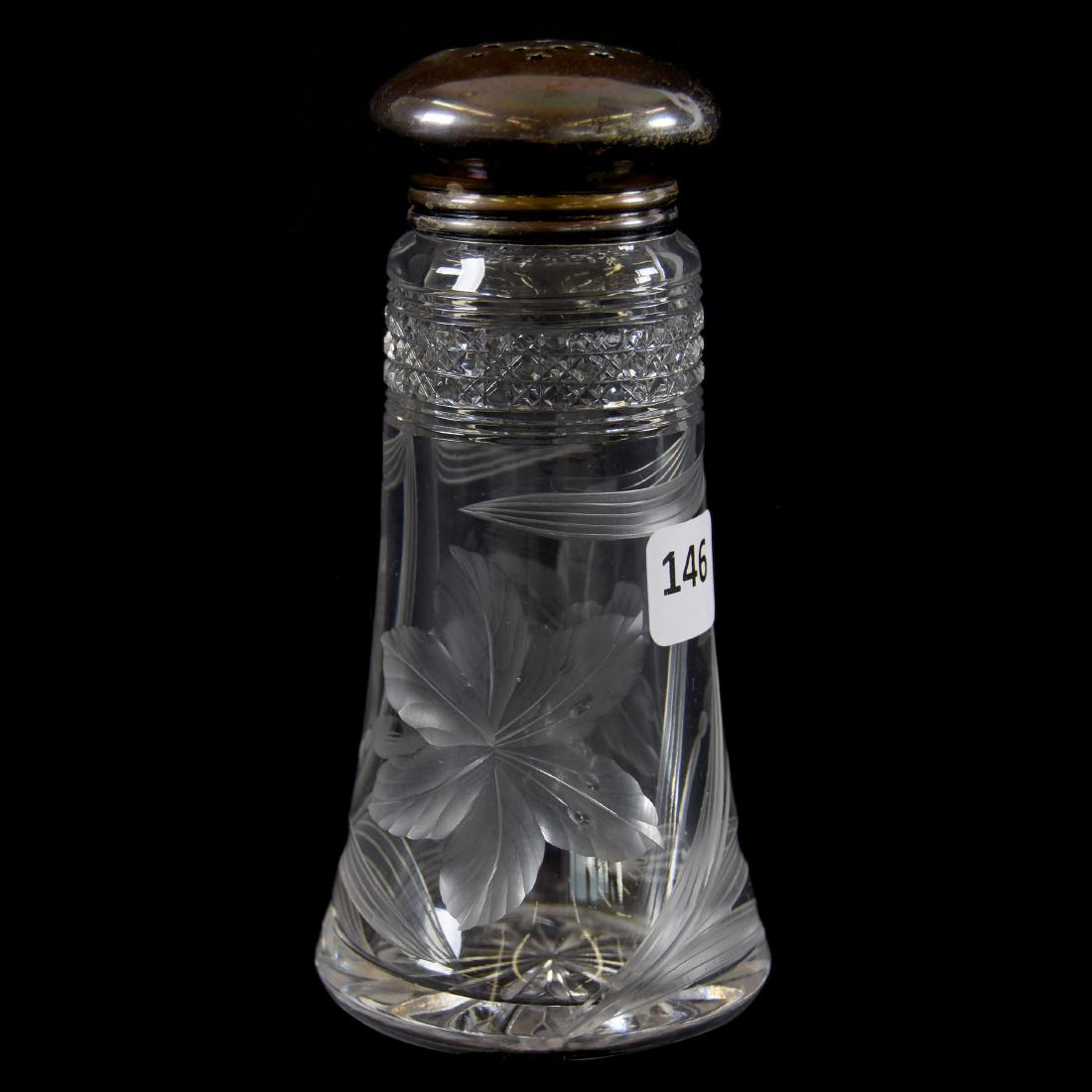 Sugar Shaker American Brilliant Cut Glass 5.75": Sugar Shaker - American Brilliant Cut Glass - 5.75" - Engraved Tiger Lily Decor with Cane Band - Ray Cut Base - Marked Wilcox Sterling Silver Top
