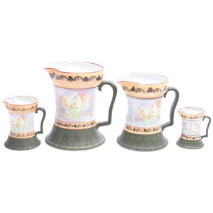 (4) Piece Pitcher Set Royal Bayreuth Blue Mark: (4) Piece Pitcher Set - Royal Bayreuth Blue Mark - Yellow Rose Decor on Pink & Blue Band - Cream & Green Border with Vintage Highlights - (1) 8.25" Lemonade - (1) 7.25" Water - (1) 5" Milk -(1) 3.75"