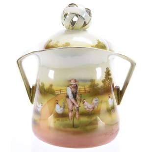 Humidor Royal Bayreuth Blue Mark: Humidor - Royal Bayreuth Blue Mark - Two Handled with Ribbon Design Ball Finial - Yellow, Brown & Green Tones with Chickens & Man Scenic Decor