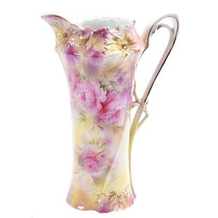 Tankard Marked R.S. Prussia 11.25": Tankard Marked R.S. Prussia - 11.25" - Carnation Mold - Pink and Yellow Tones with Pink and Yellow Rose Decor