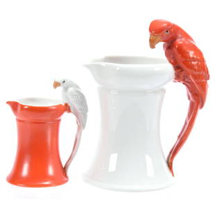 (2) Figural Pitchers Royal Bayreuth Blue Mark: (2) Figural Pitchers - Royal Bayreuth Blue Mark - Parrot Handled - (1) 7.5" Water, Red Parrot Handle with White Body; (1) 5" Creamer, White Parrot Handle with Red Body