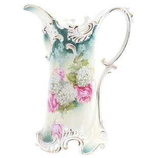 Tankard Marked R.S. Prussia 11.75": Tankard Marked R.S. Prussia - 11.75" - Mold #586 - Green and Yellow Tones with Snowball & Rose Decor - Strong Gold Trim Highlights