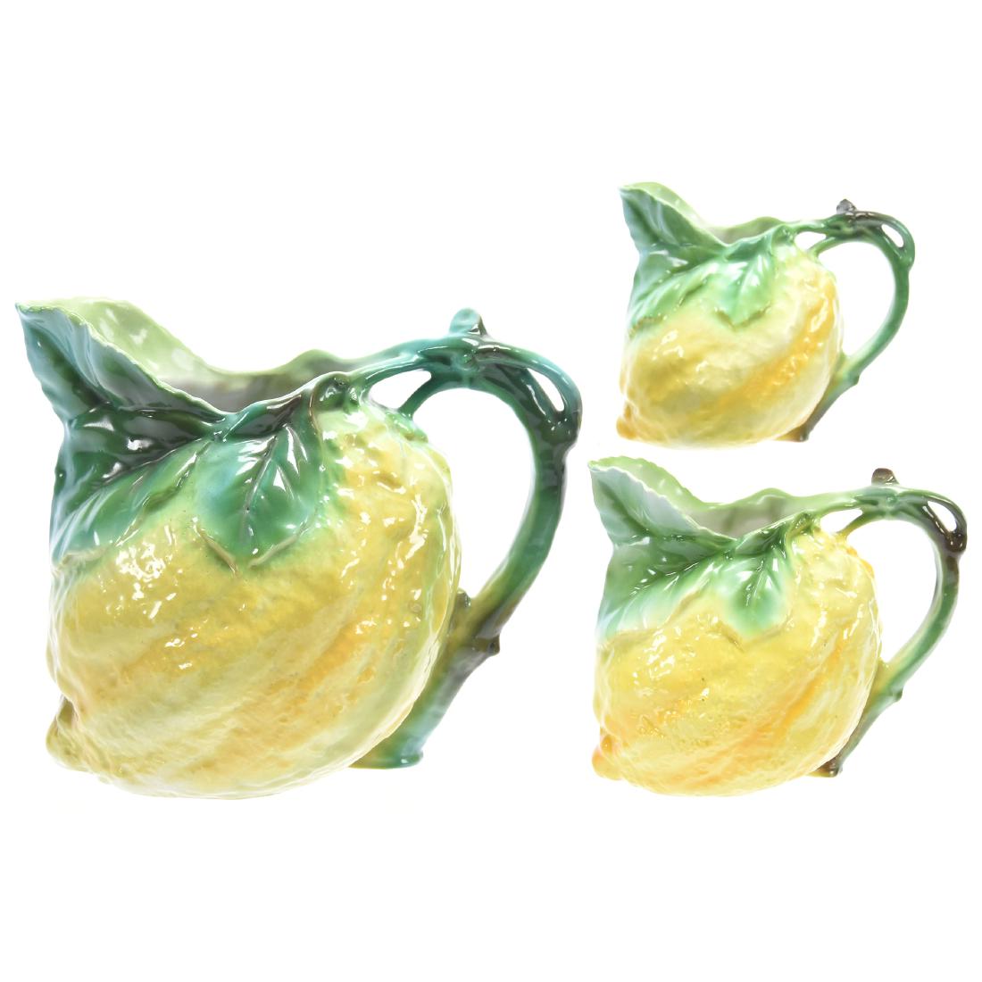 (3) Figural Pitchers Royal Bayreuth Blue Mark: (3) Figural Pitchers - Royal Bayreuth Blue Mark - Lemon - (1) 6.75" Water - (1) 4.75" Milk -(1) 3.75" Creamer