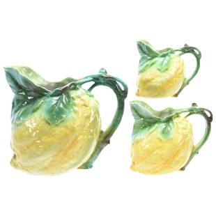 (3) Figural Pitchers Royal Bayreuth Blue Mark: (3) Figural Pitchers - Royal Bayreuth Blue Mark - Lemon - (1) 6.75" Water - (1) 4.75" Milk -(1) 3.75" Creamer