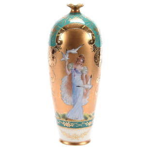 Vase Marked Prov Saxe 9.25": Vase Marked Prov Saxe - 9.25" - Gold Background with Three Scenes Featuring Woman with Doves and Woman with Peacock Decor - Green and Cream Border - Flawless Gold