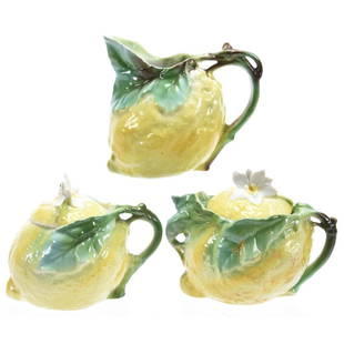 Figural Lemon Condiment Items Royal Bayreuth: Figural Lemon Condiment Items - Royal Bayreuth - Blue Mark - (1) Mustard Jar with Spoon - (1) Creamer & Sugar