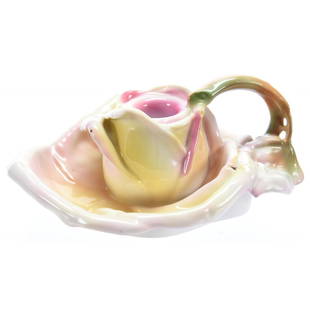 Figural Rose Chamberstick Royal Bayreuth Blue Mark: Figural Rose Chamberstick - Royal Bayreuth Blue Mark - 2.75" X 6.5" - Pink, Yellow and White Tones