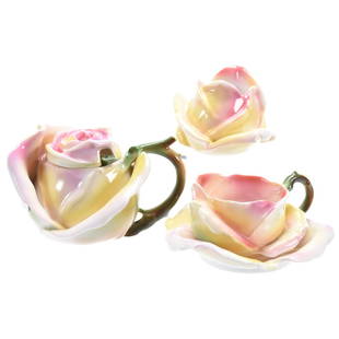 (3) Figural Rose Items Royal Bayreuth Blue Mark: (3) Figural Rose Items - Royal Bayreuth Blue Mark - (1) 3" Covered Mustard Jar with Spoon - (1) 2.25" Toothpick Holder - (1) Cup & Saucer - All in Pink, Yellow and White Tones