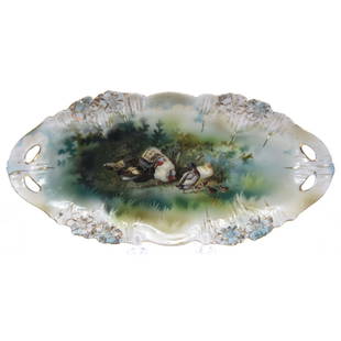 Relish Tray Marked R.S. Prussia 9.5": Relish Tray - Marked R.S. Prussia - 9.5" - Icicle Mold - Two Scenes - Turkey and Duck Runner Scenic Decor