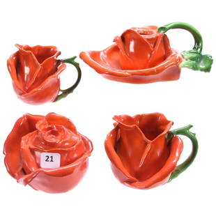(4) Figural Red Rose Items Royal Bayreuth Blue Mark: (4) Figural Red Rose Items - Royal Bayreuth Blue Mark - (1) 3.5" Covered Sugar - (1) 3.5" Large Creamer - (1) 3" Small Creamer - (1) 2.75" X 6.75" Chamberstick - Chamberstick Has Some Paint Wear